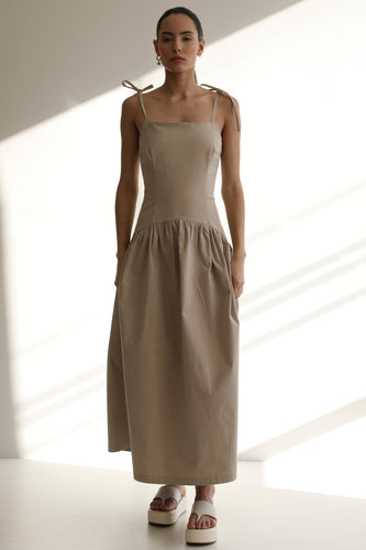 Vestido Midi Franzido - Brim Natural