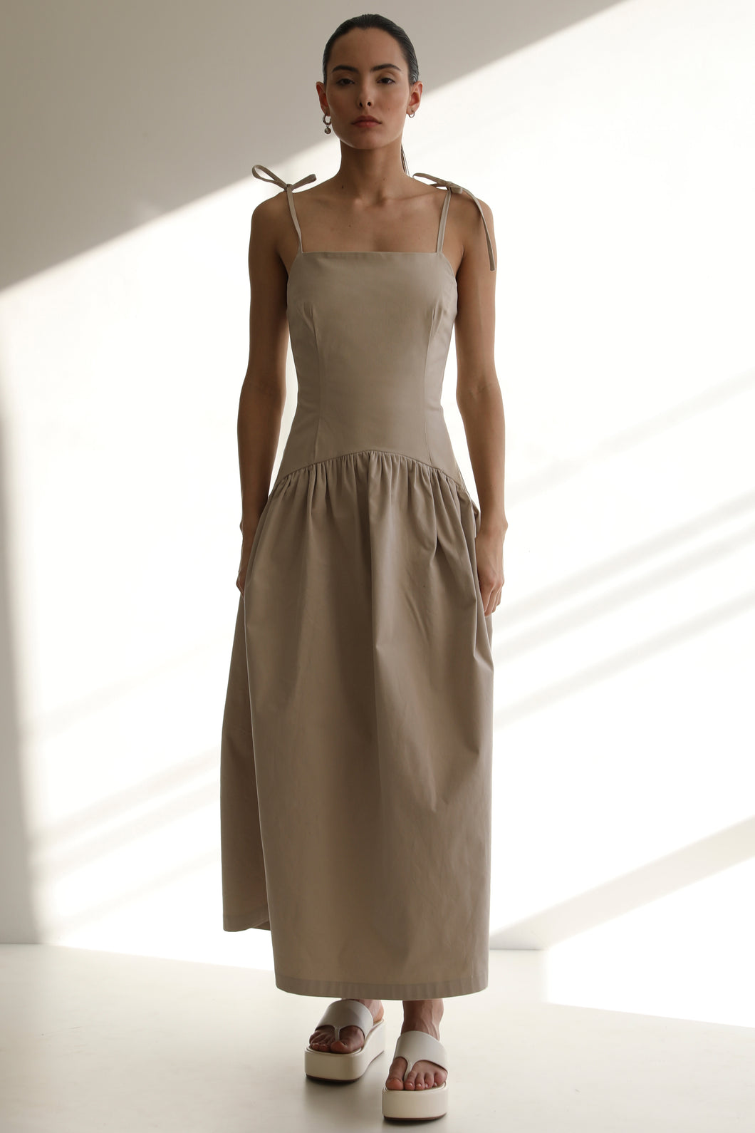 Vestido Midi Franzido - Brim Natural